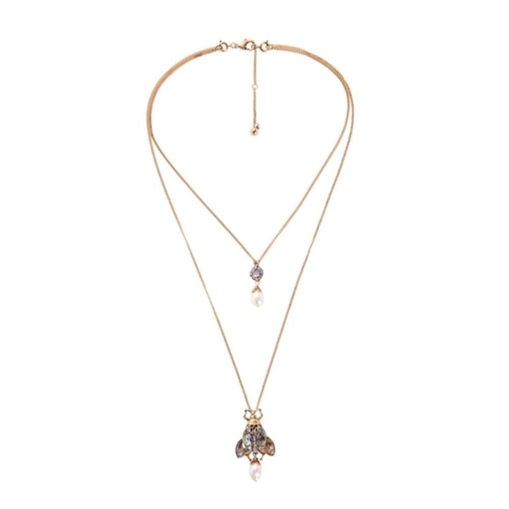 Abalone Beetle Rhinestone Pearl Crystal Layered Vintage Gold Pendant Necklace